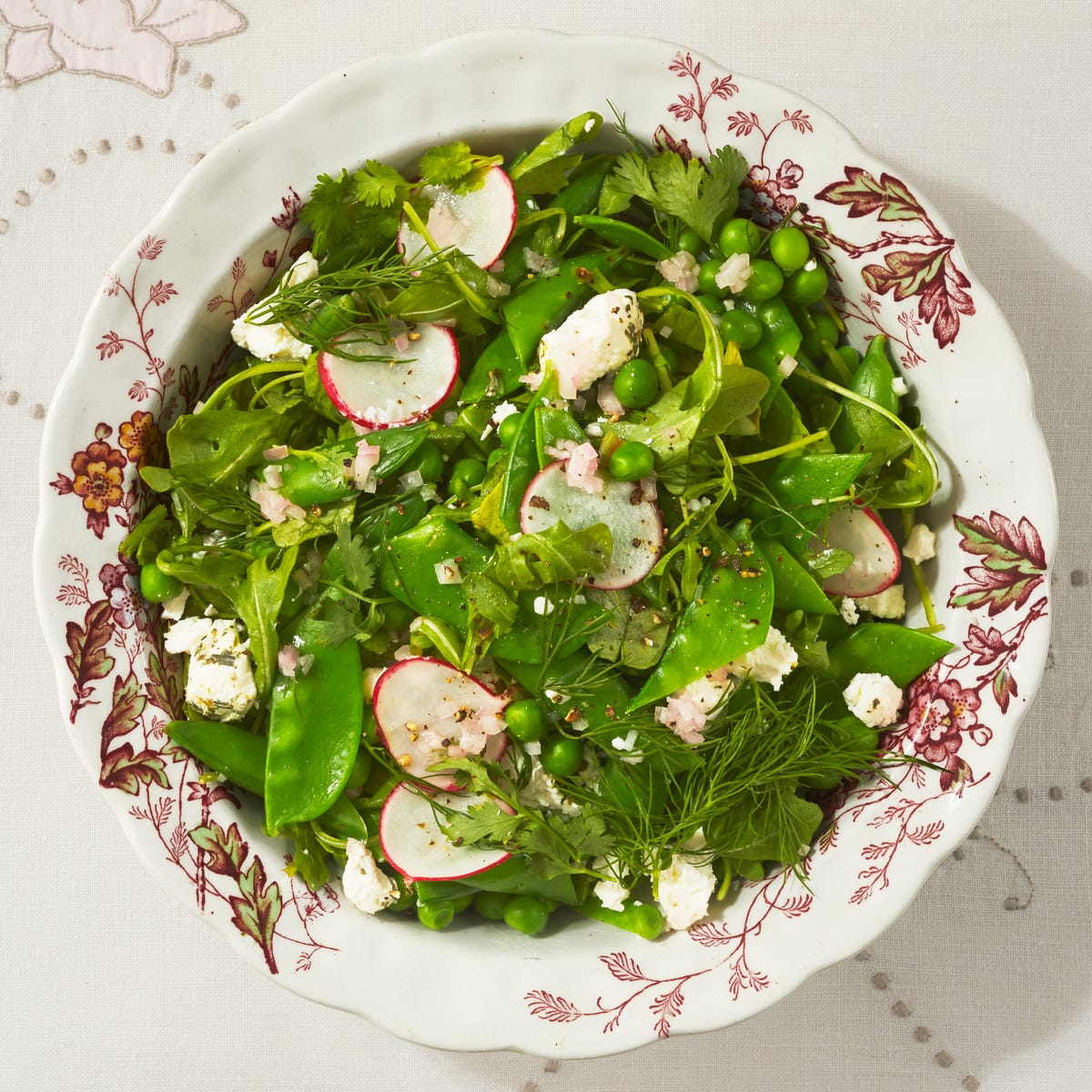 sugar snap pea salad with radishes, feta and arugula - With Spice