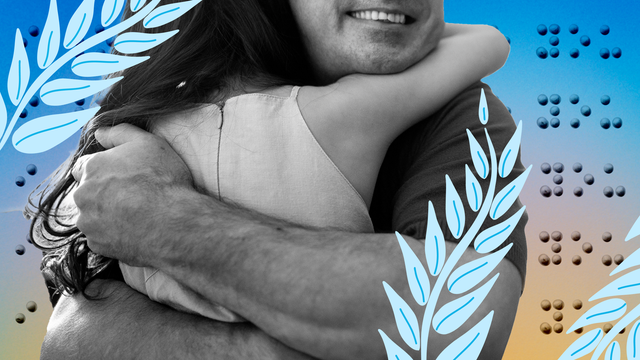 blind father hugging his daughter with illustrative leaf elements