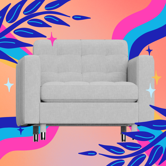 As Someone with Cerebral Palsy, Here's How I Made My House a Sanctuary cushioned chair with bright illustrative elements