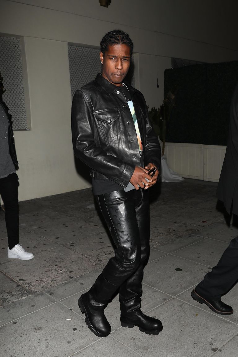 a$ap rocky in black leather jacket and pants leaving dinner date with rihanna at delilah in los angeles