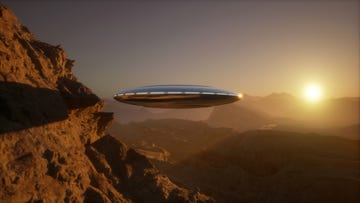 ascending from the hidden depths of the mountain, a ufo saucer gracefully takes flight