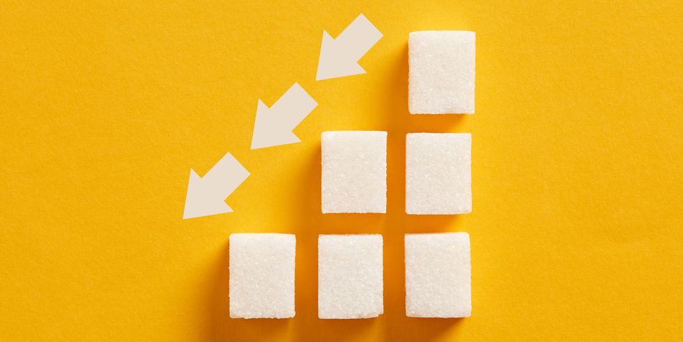 ascending sugar cube graph with descending arrows indicating to reduce sugar intake and healthy nutrition