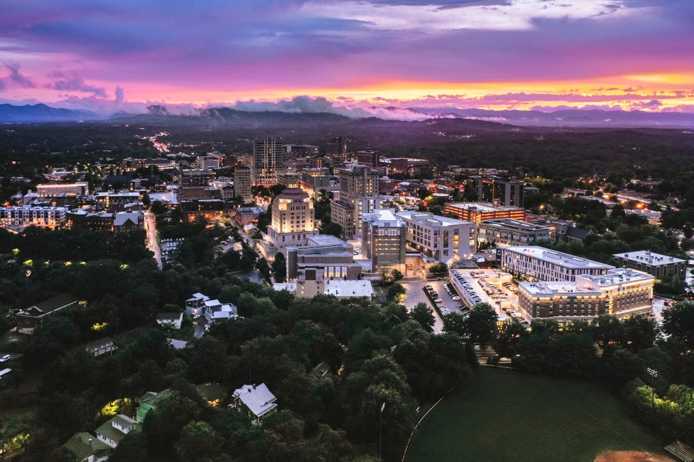 asheville north carolina aerial view at sunset