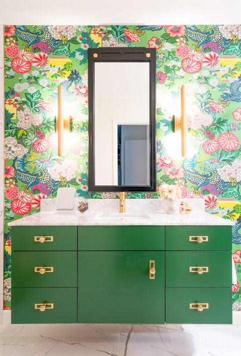 bathroom remodel ideas, after green vanity and floral wallpaper