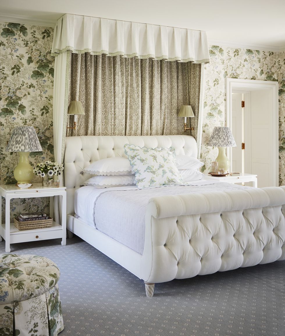 patterned curtains on the white beds baldachin meet scallop edge bed linens