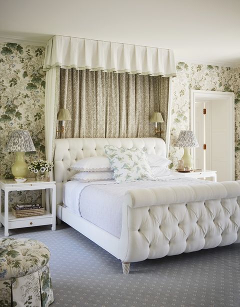patterned curtains on the white beds baldachin meet scallop edge bed linens