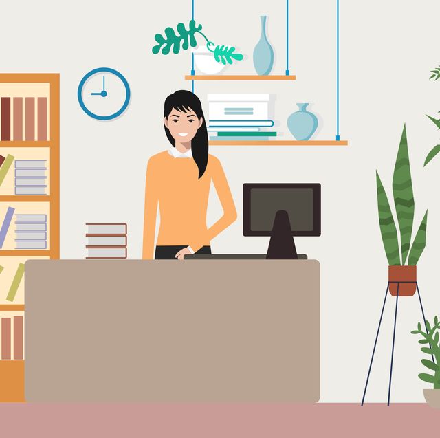 illustration of asian woman at a desk with plants and books