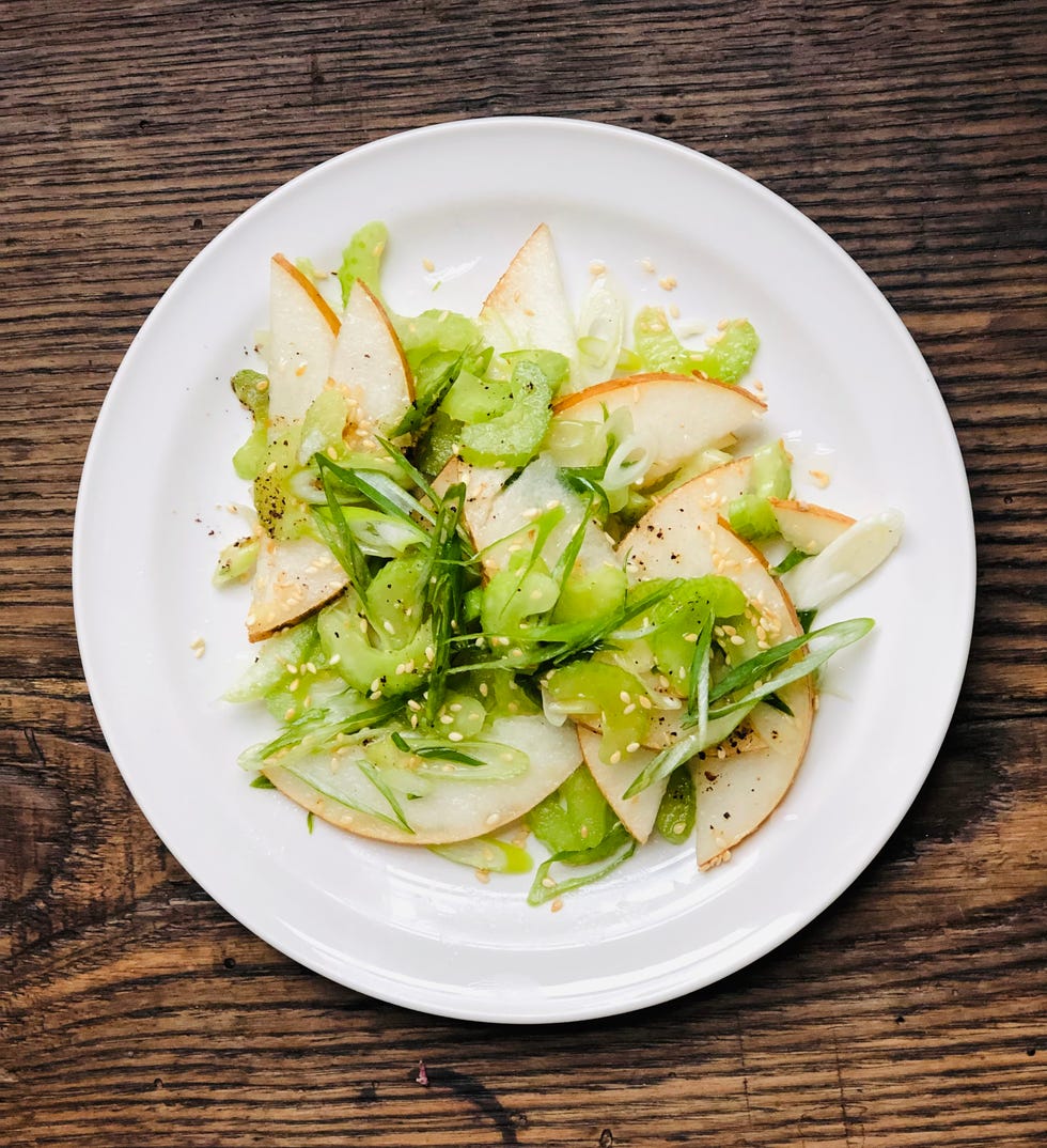 asian pear salad with celery, scallions and sesame seeds