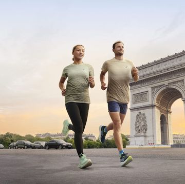 a man and woman running