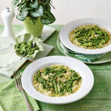 asparagus orzotto with watercress pesto