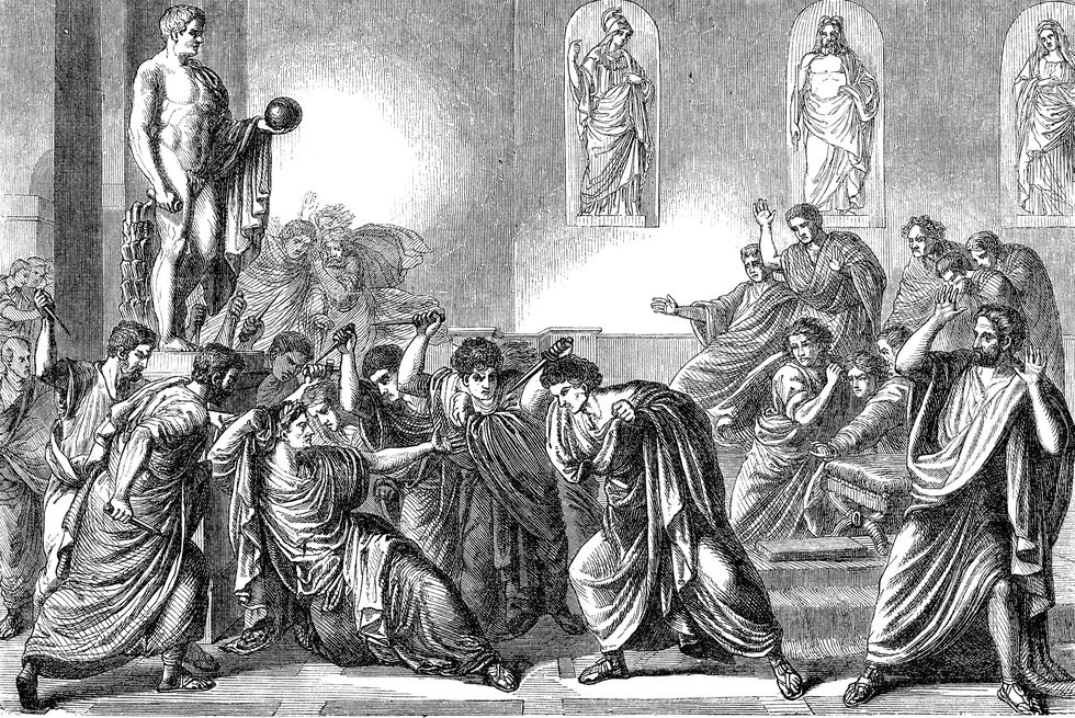 steel engraving of the assassination of emperor julius caesar