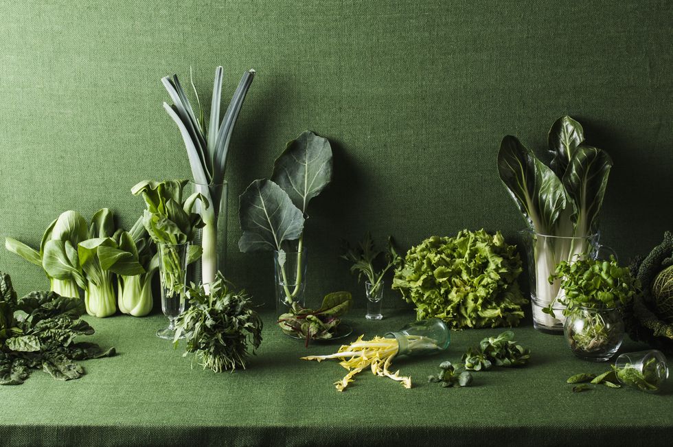 Assorted green vegetables on green table
