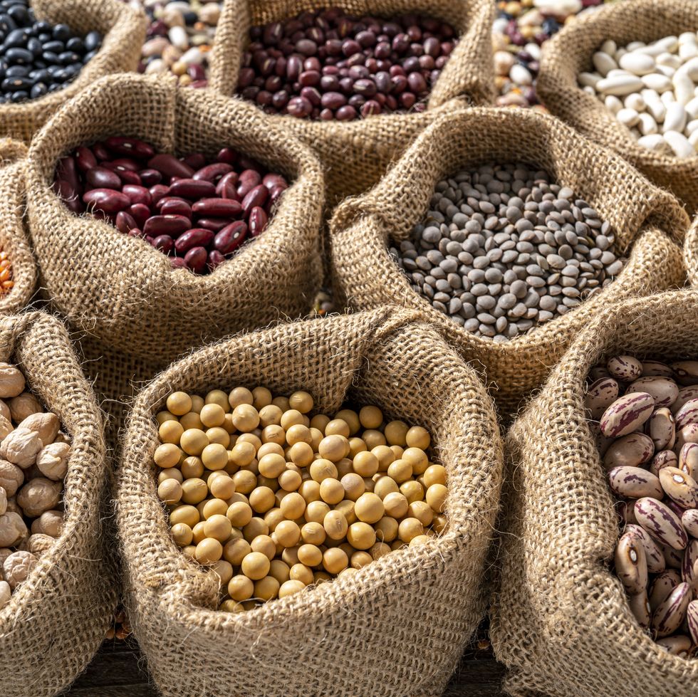 assorted legumes in burlap sacks in a row as a full frame background