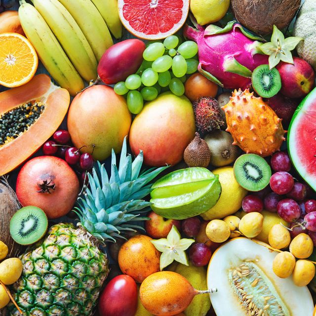 assortment of colorful ripe tropical fruits. top view