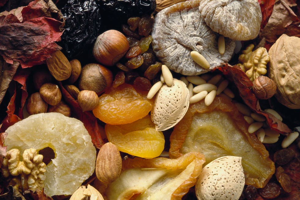 assortment of dried fruits and nuts, full frame