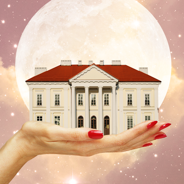 a white hand with red nails holds up a miniature house over a background of a full moon and a starry purple sky