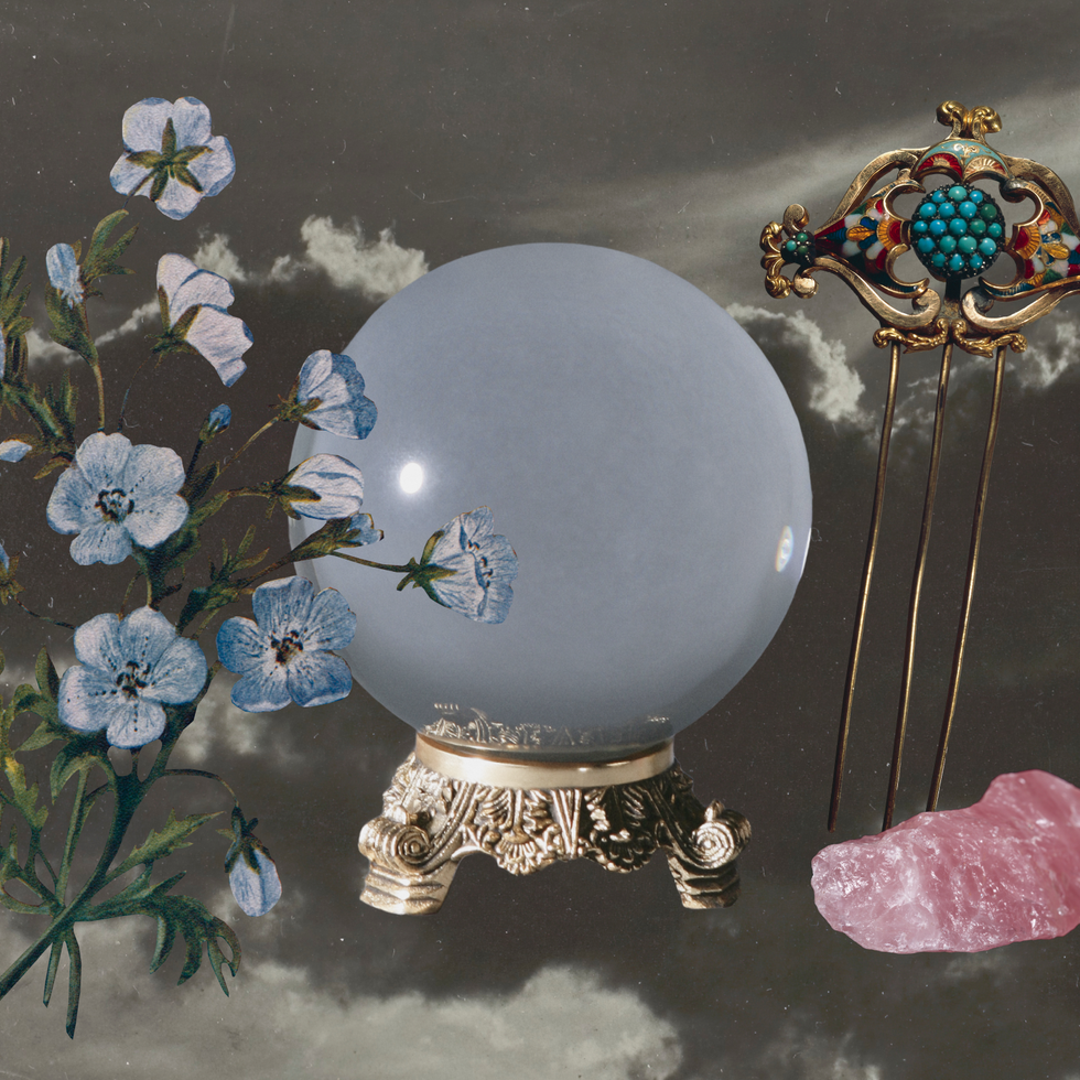 collage of flowers, a crystal ball, a hair pin, and a crystal