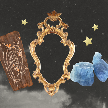 decorative objects including a wooden board with markings an ornate gold frame and blue crystals against a dark background with stars