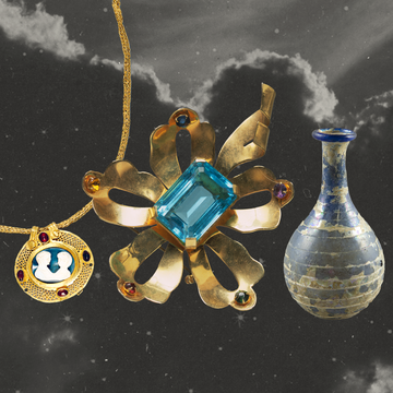 collage of gold necklaces and medallions and a vase