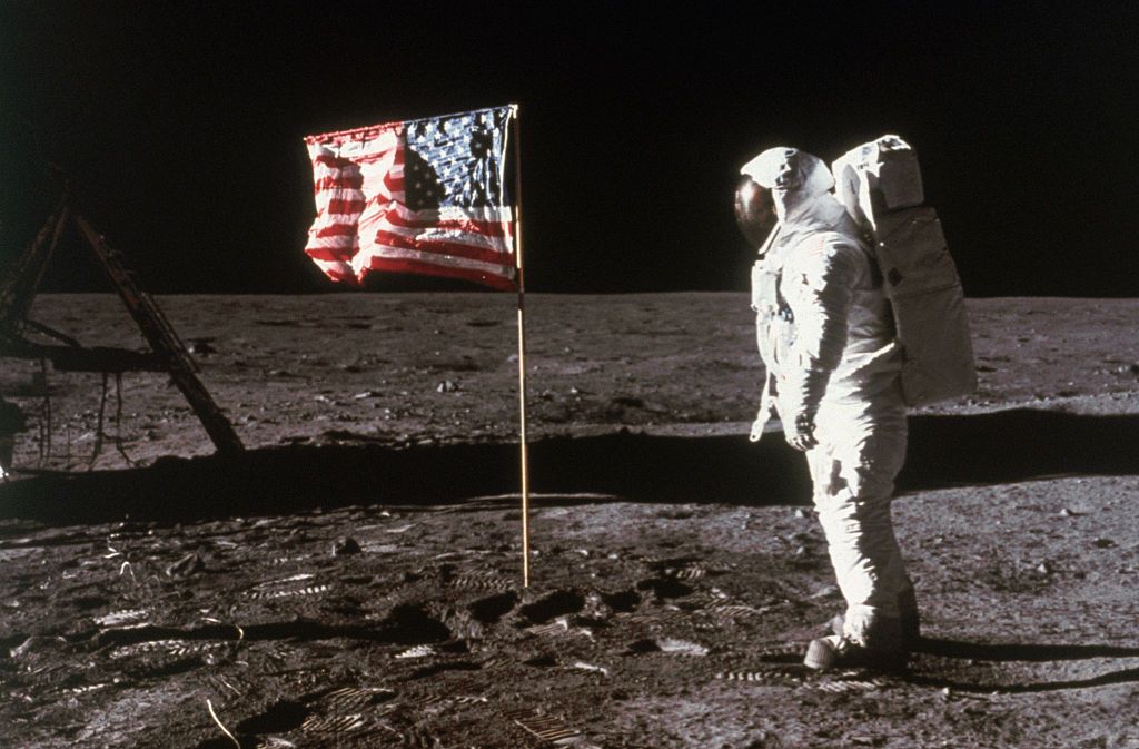 Astronaut Aldrin and American Flag on the Moon