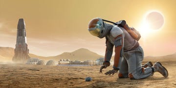 astronaut on mars kneeling and staring down at a plant growing in rocky dusty ground with spaceship and base camp in background