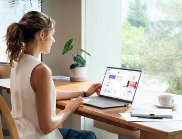 person working on a laptop at a table with plants and a cup
