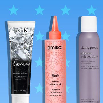 lineup of at home gloss hair treatment product on a blue background with a star pattern
