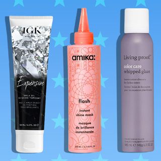 lineup of at home gloss hair treatment product on a blue background with a star pattern