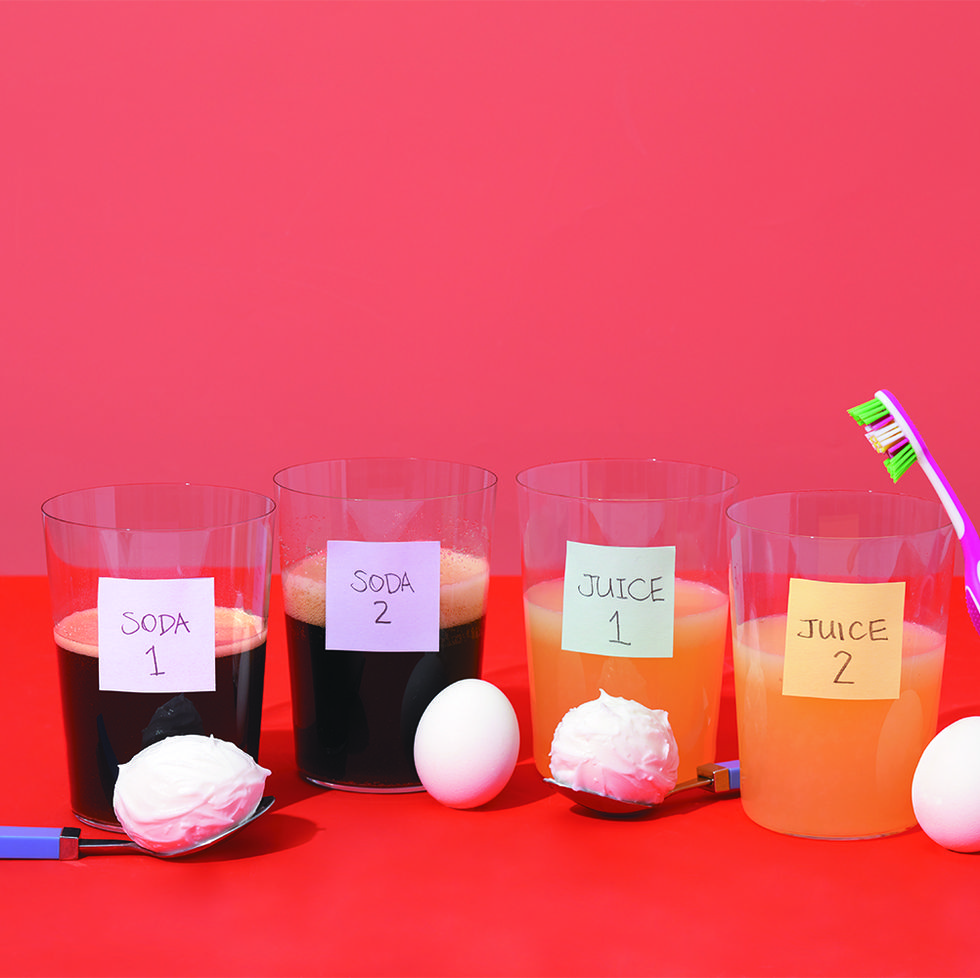 eggs, toothbrushes and different kinds of liquids form the materials for this at home science experiment for kids