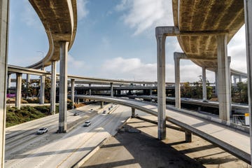 the judge harry pregerson interchange opened in 1993 to connect the 105 and the 110, rising 130 feet above the watts and athens communities, its a marvel of freeway architecture