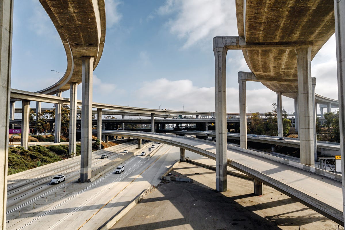the judge harry pregerson interchange opened in 1993 to connect the 105 and the 110, rising 130 feet above the watts and athens communities, its a marvel of freeway architecture