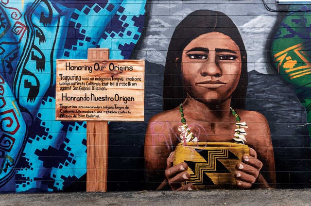 murals that commemorate toypurina, who led a 1785 rebellion at mission san gabriel arcángel, can be found across los angeles, like this one on a wall along van nuys boulevard in pacoima
