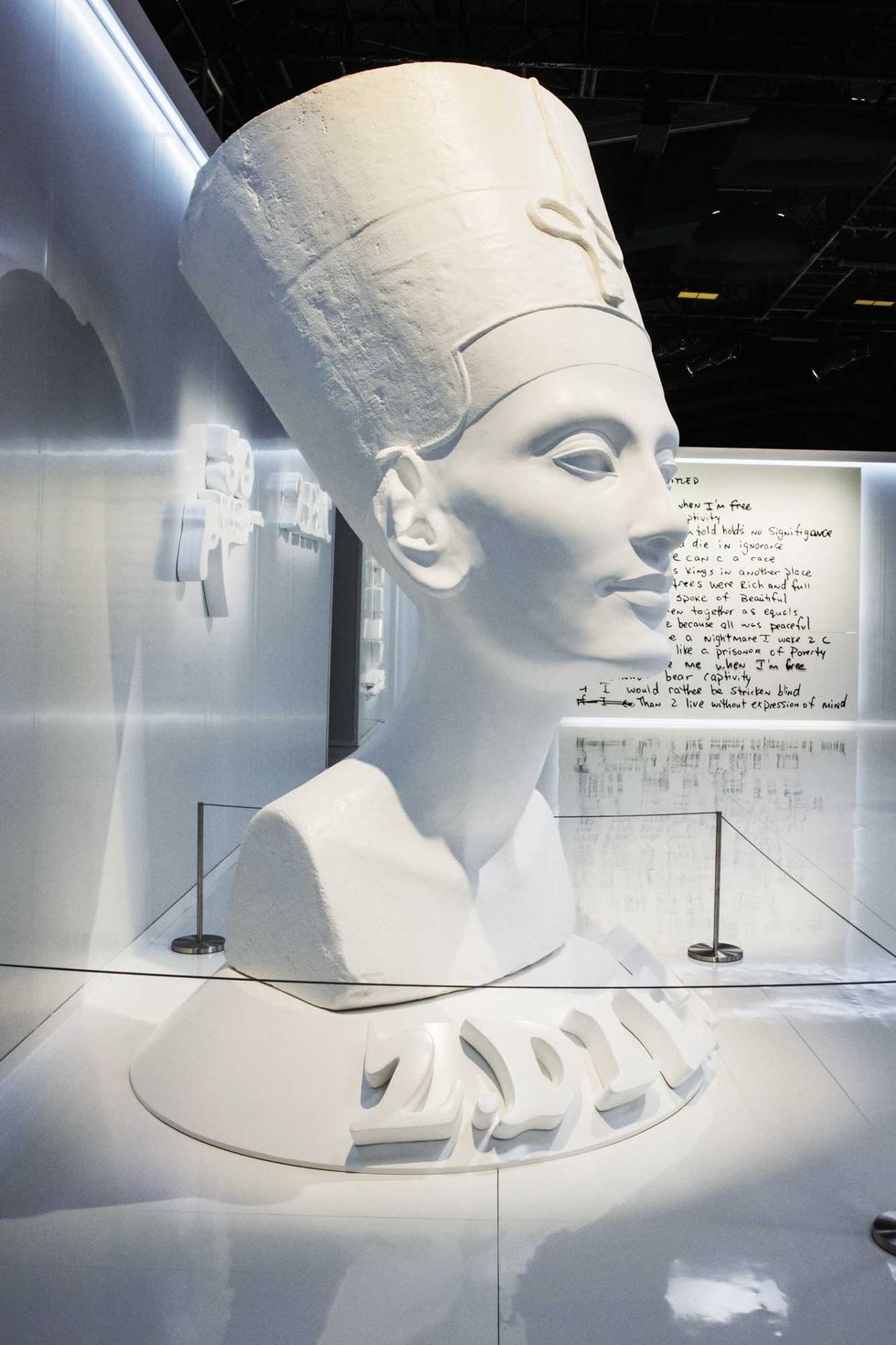 the exhibit tupac shakur, wake me when i’m free opens with sculptural representations of several of his tattoos, including queen nefertiti, shakur chose this symbol of feminine power in homage to his mother, political activist afeni shakur davis
