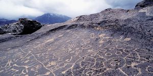petroglyphs of paiute or shoshone origin near the owens valley in the eastern sierra, carved into volcanic tuff by chipping away the dark, top layer and exposing a light surface below