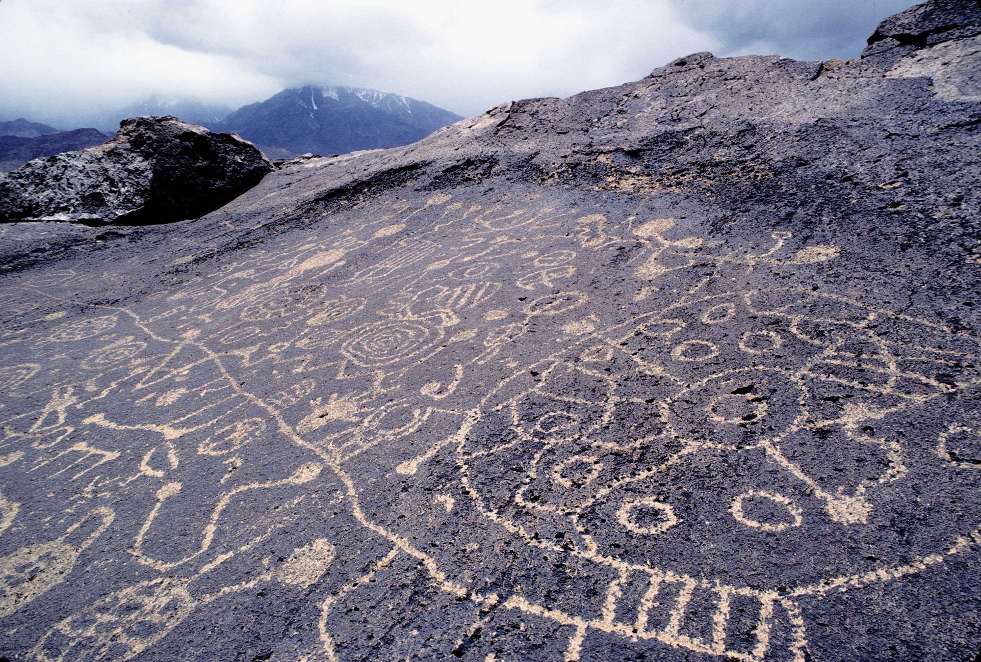petroglyphs of paiute or shoshone origin near the owens valley in the eastern sierra, carved into volcanic tuff by chipping away the dark, top layer and exposing a light surface below