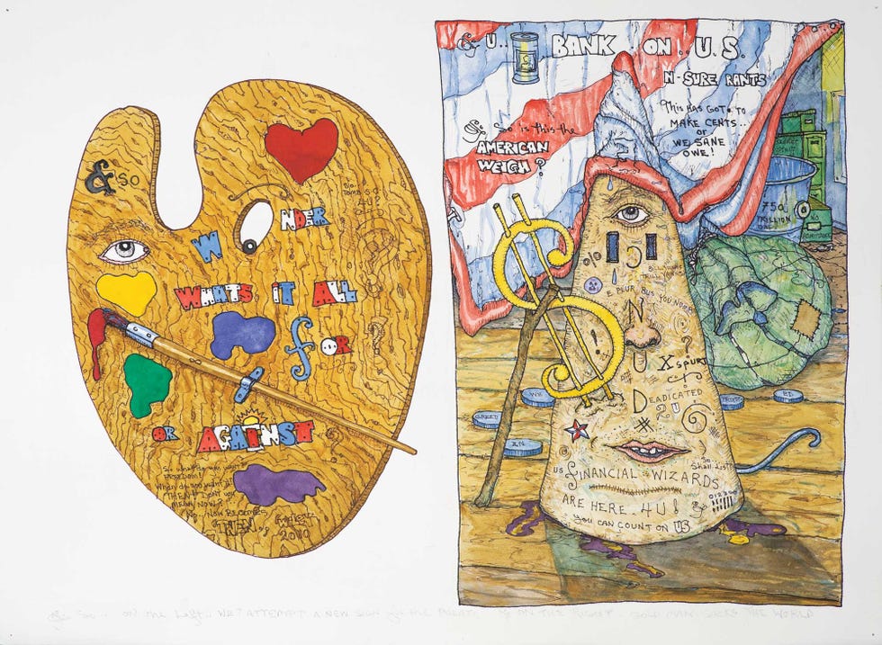 on the left… we attempt a new sign for the palate on the right, gold man sacks the world, 2010, by william t wiley