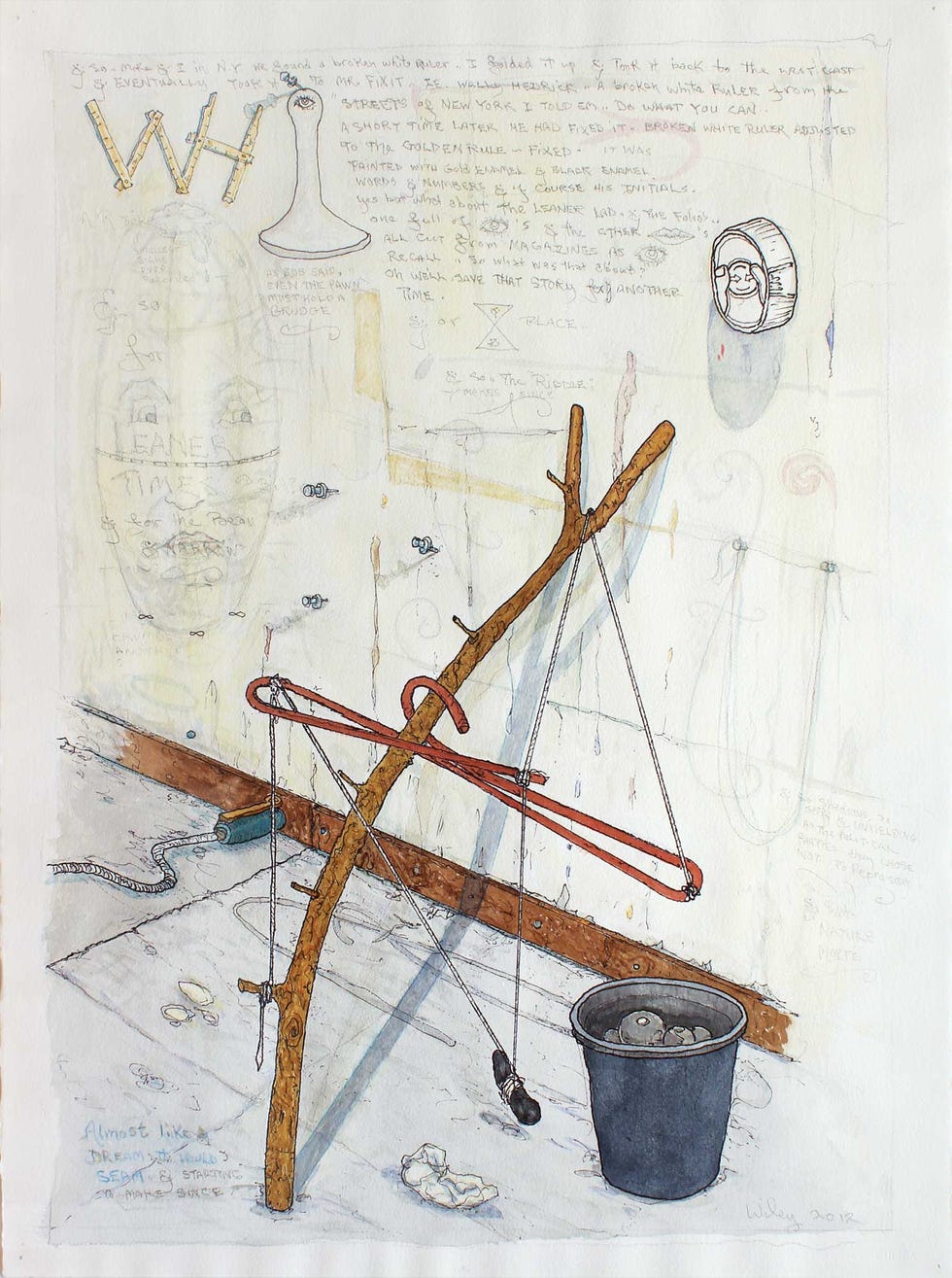 for leaner times, a watercolor depicting a wiley sculpture, includes puzzles and verbal and visual puns