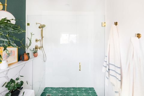 White, Room, Green, Bathroom, Yellow, Tile, Interior design, Floor, House, Plumbing fixture, 