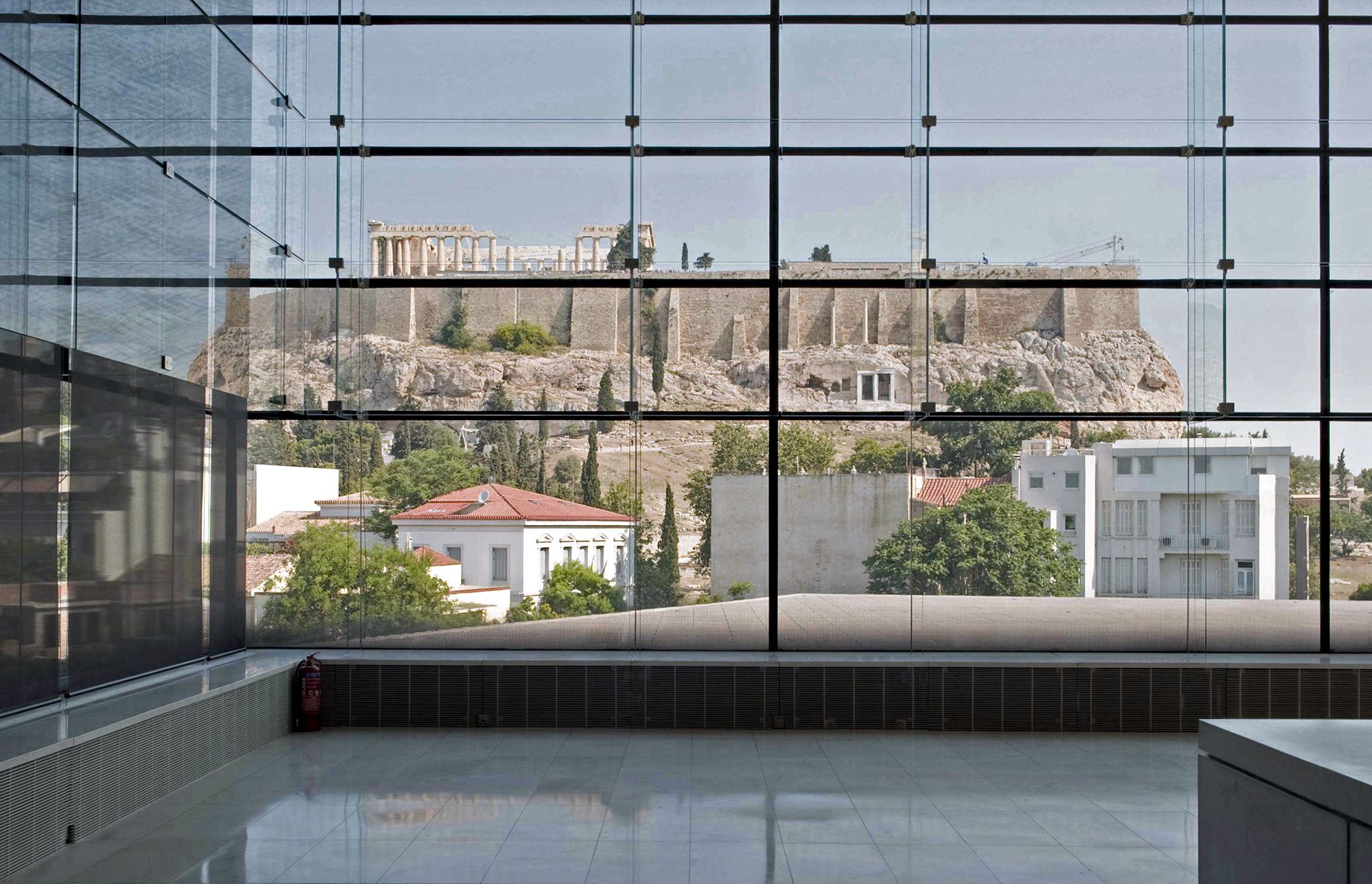 A view of the Acropolis from the Acropolis Museum, in Athens, Greece.