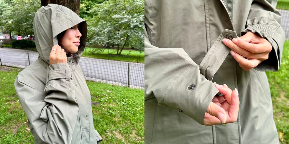 a woman modeling a raincoat from athleta and a close up of the snap cuff