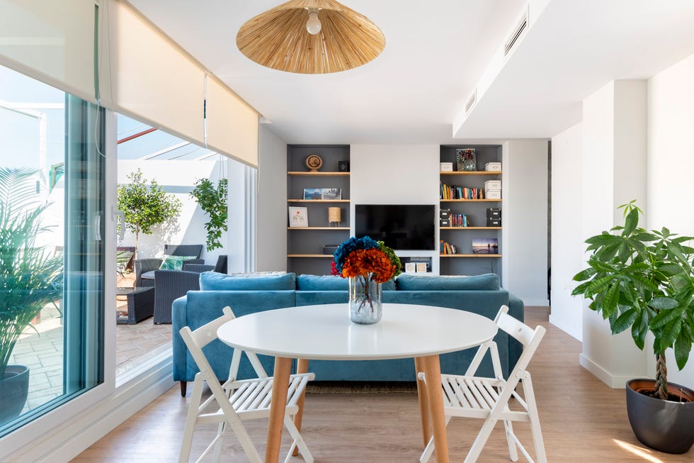 salón comedor con sofá azul de terciopelo
