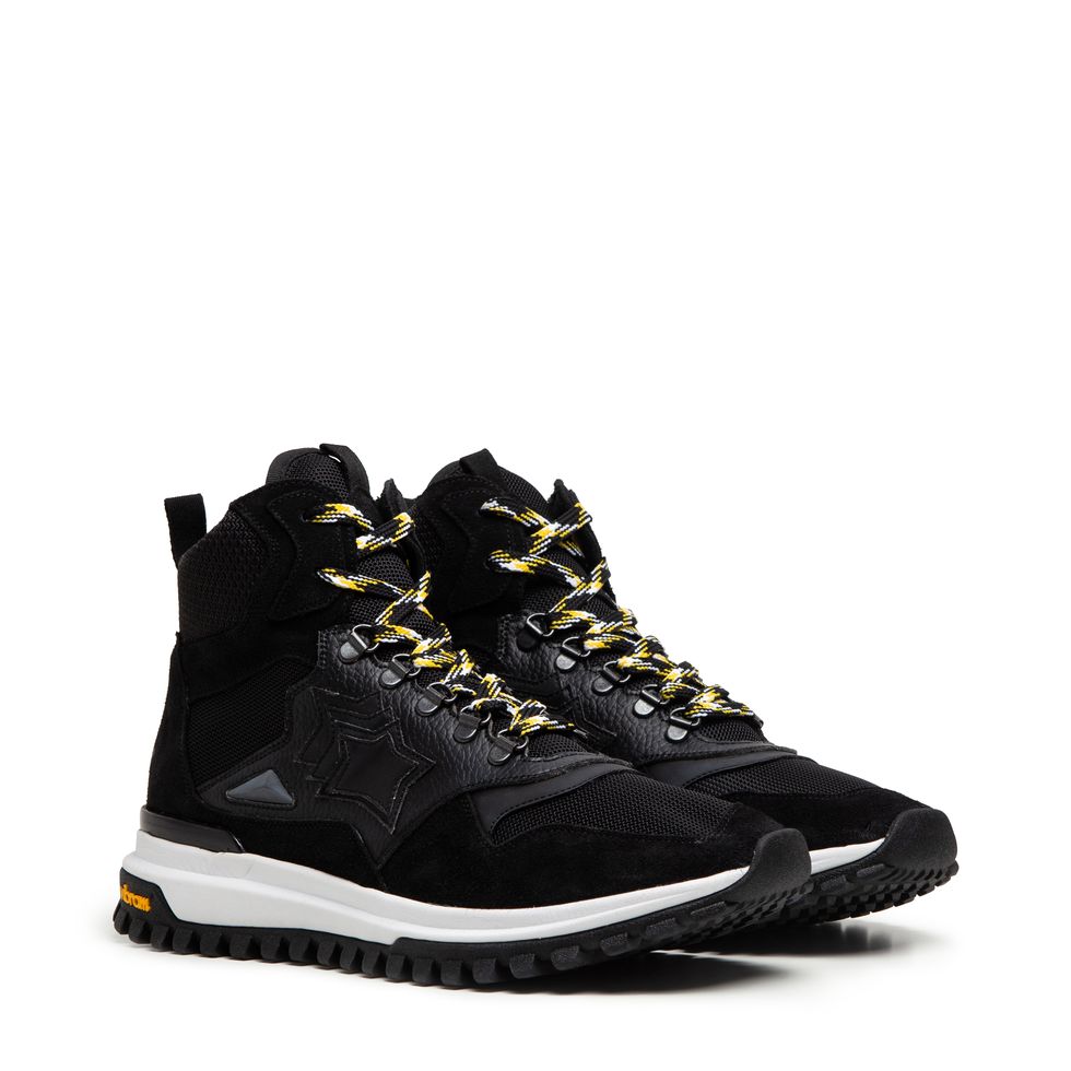 Shoe, Footwear, Sneakers, Black, Yellow, Product, Hiking boot, Outdoor shoe, Athletic shoe, Boot, 