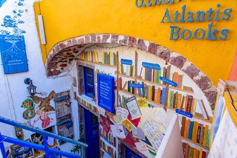 atlantis books, a bookshop on the main street of oia, santorin, greece