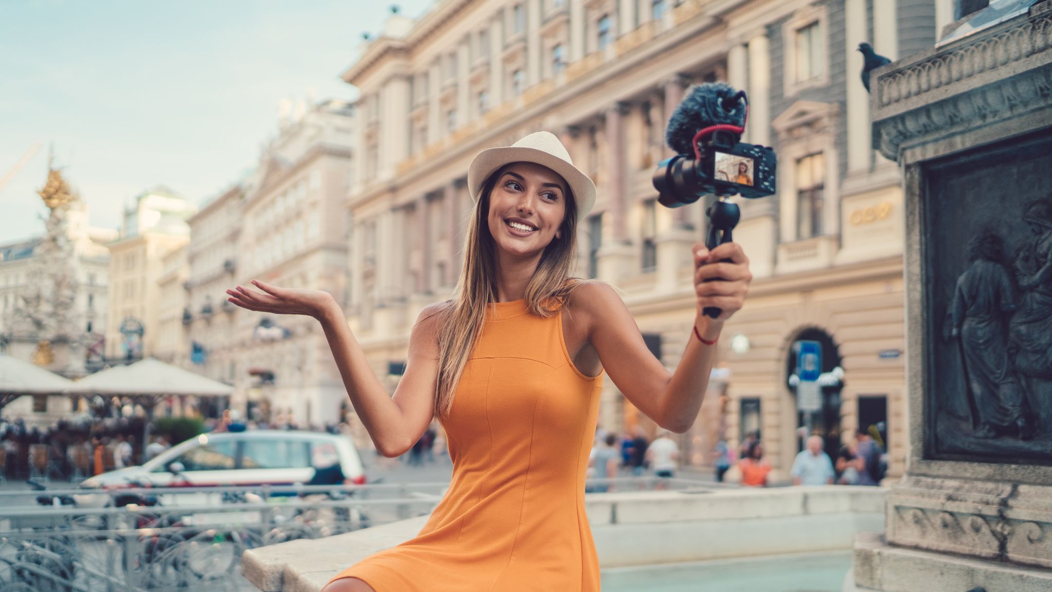 Attractive woman vlogging from Vienna