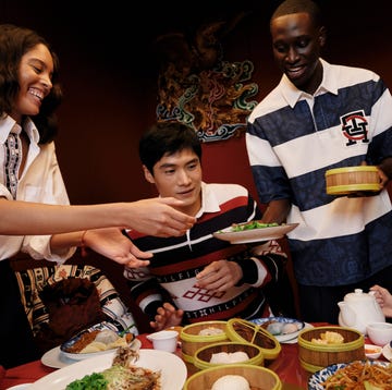 a group of people eating food