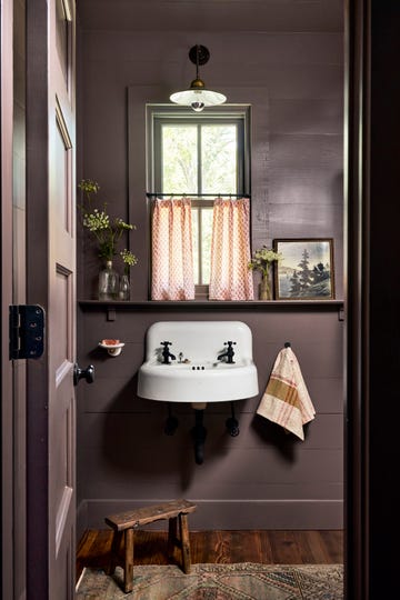 aubergine painted powder bath with wall mounted sink