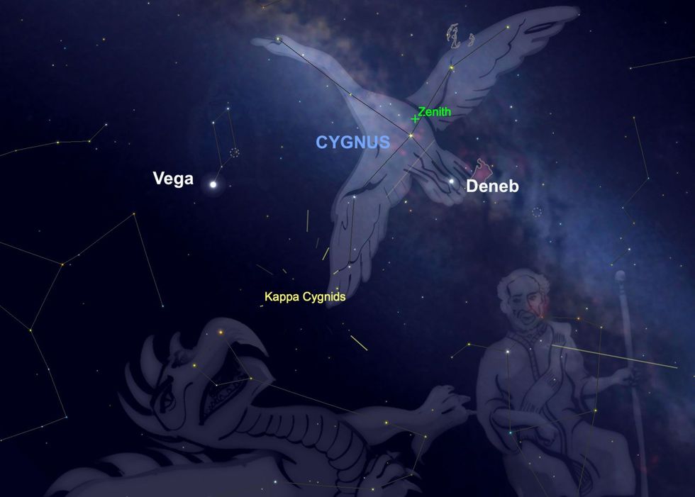 Op 17 augustus zal de meteorenzwerm van de KappaCygniden lijken uit de gaan van een radiant in het sterrenbeeld Cygnus de Zwaan