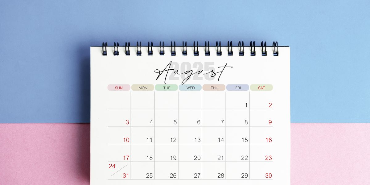 august desk calendar for 2025 year on blue and pink color background with shadow.