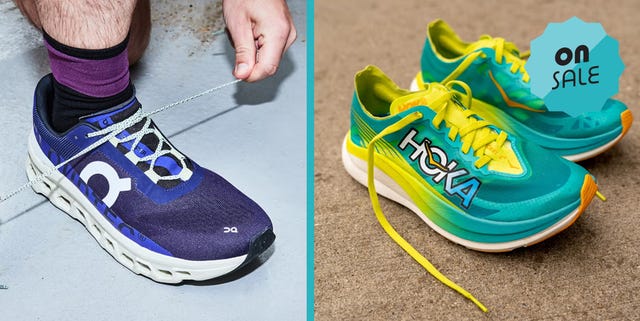 a pair of hoka running shoes with an on sale badge