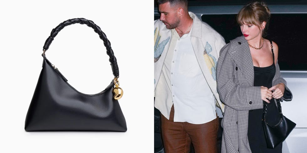 a stylish black handbag showcased next to a pair of people one holding the bag